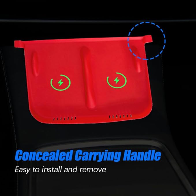 Center Console Wireless Charger Anti-Slip Silicone Mat, Waterproof Phone Pad for Wireless Charging, Car Interior Accessories Universal for Model 3 Model Y 2021-2024 (Luminous, Red)