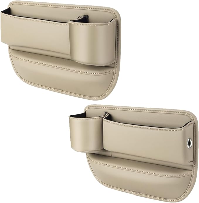 Coneati 2-Pack Car Leather Cup Holder Gap Bag, Adjustable Car Seat Gap Storage Box Leather with Cup Holder for Phones Glasses Keys Cards (Beige. Driver- Passenger)