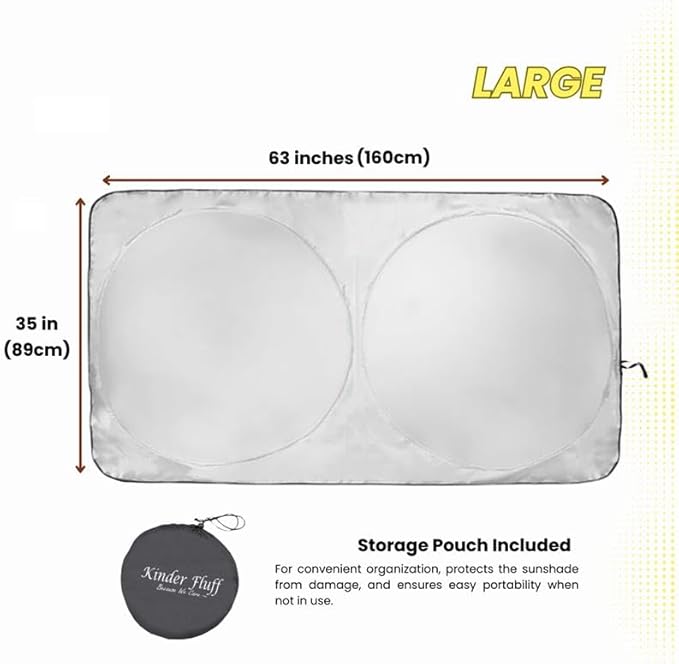 Kinder Fluff Windshield Sunshade | Reflective Patented Car Sun Protection - Certified 99% UVR Block - Cool Interior | Foldable Sun Visor Cover | Automotive Accessories for Summer Heat | Size L 63"x35"