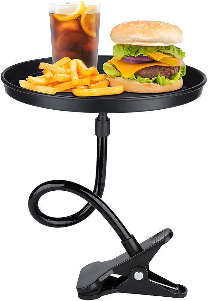 Adjustable Food Tray for Car, 360° Swivel Non-Slip Car Food Table for Drinks and Snacks, 8.7 Inches Diameter Swivel Car Clip Type Tray for Eating, Universal Car Accessories (Black)