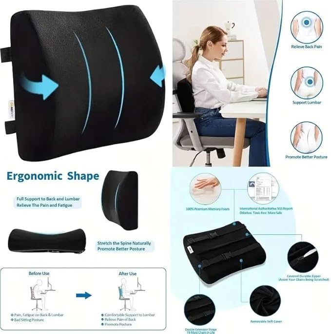 Lumbar Support Pillow，Memory Foam Lumbar Pillow for Lower Back Pain Relief，with Ventilated Mesh and Adjustable Strap， for Office Chair, Car Seat - Black
