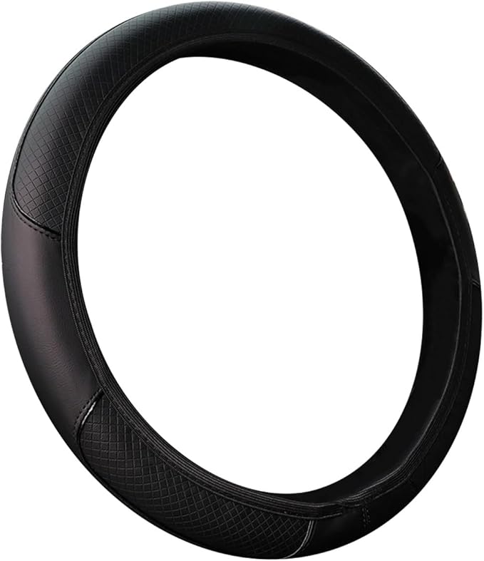 Queenbox Faux Leather Car Steering Wheel Cover, Anti-Slip Grip Diamond Quilted Protector Universal for 14.5-15in Round D Vehicle SUV Truck, Black