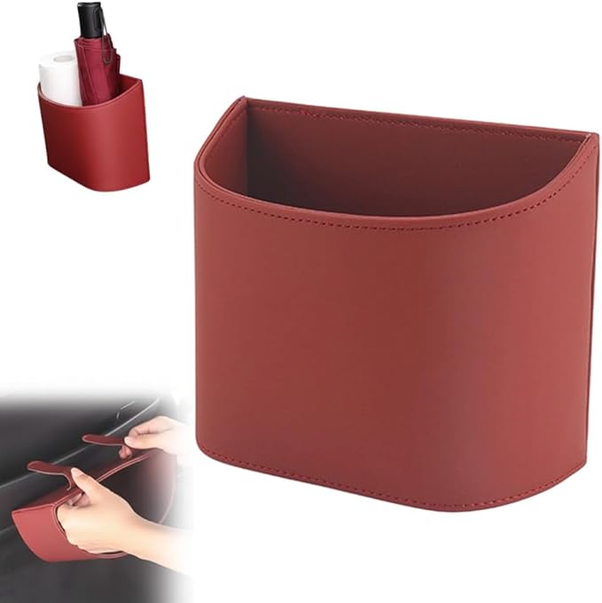 Universal Leather Car Door Cup Holder Trash Can, Leakproof Car Trash Bin,Multifunctional Back Seat Car Organizer for Hold Phones, Snacks, Drinks (A-Red)