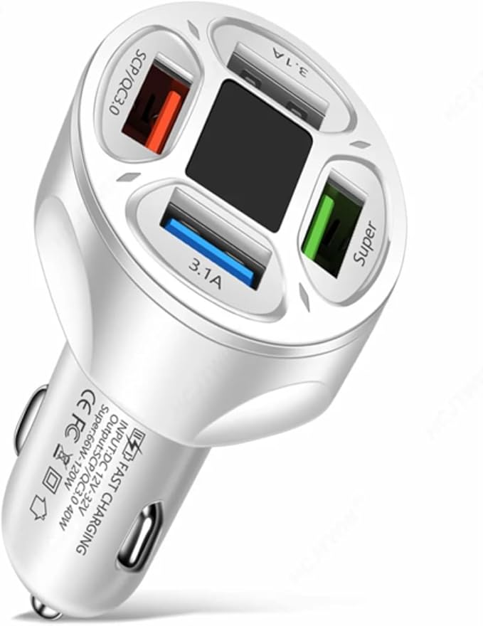 66W 4 Ports: Two USB 3.1A and One QC 3.0 Fast Car Charging, One Super Port Voltage Monitor, LED Display Adapter. Compatible with Tablets, iPhone Series, Samsung Galaxy, Google Pixel(White)