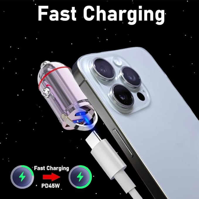 USB Car Charger Adapter Fast Charging PD45W+QC3.0 Dual Port Cigarette Lighter Charger for iPhone 16/15/14/13/12/11/Pro Max, iPad, Samsung Galaxy S25 S24/S23/S22/S21, Pixel, Android - Purple