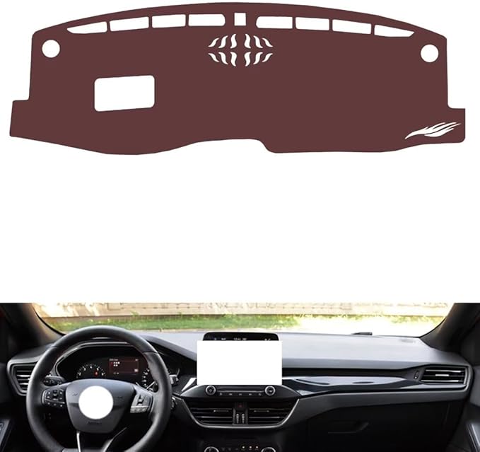 Leather Dashboard Cover Compatible with Ford New Focus（ Speakers、HUD） 2019-2022,Dash Board Cover mat Anti-Slip Sun-Proof and dust-Proof(Brown)