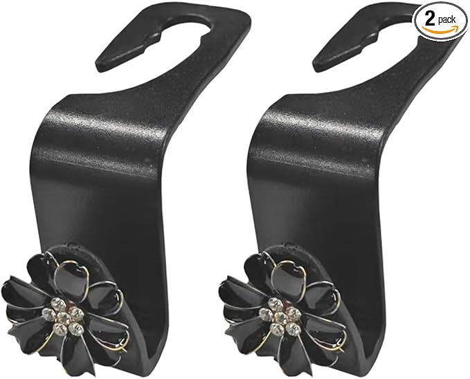 Craedli 2PCS Bling Flower Car Seat Headrest Hook, Cute Rhinestones Car Mini Hook Auto Back Seat Hanger Organizer, Portable Vehicle Interior Bag & Purse Storage Holder for SUV, Sedan, Truck (Black)