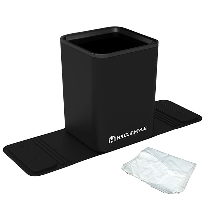 HAUSSIMPLE Car Trash Can with 20 Disposable Bags, 0.8 Gallon Medium Car Garbage Bin with Stability Base Flap & Spikes for Car Humps and Flat Floors, Durable Plastic Auto Trash Container