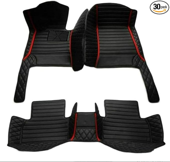Custom Luxury Leather Car Floor Mats Upgrade Your Car's Interior All-Weather Protection for Cars, SUVs, Trucks Compatible with Automotive Floor Mats (Black Red Strip)