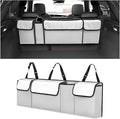 Car Trunk Organizer with Lid, Large Waterproof Vehicle Backseat Hanging Storage Bag with 4 Pockets & Adjustable Straps, Collapsible Automotive Interior Cargo Bag, Universal Fit (White/Grey)