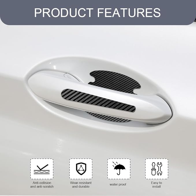 8PCS Car Door Handle Scratch Protector, Car Door Handle Sticker, Carbon Fiber Auto Doors Handles Paint Guard Cover, Waterproof Auto Paint Guard Protective Films Fit for Most Vehicles (Black)