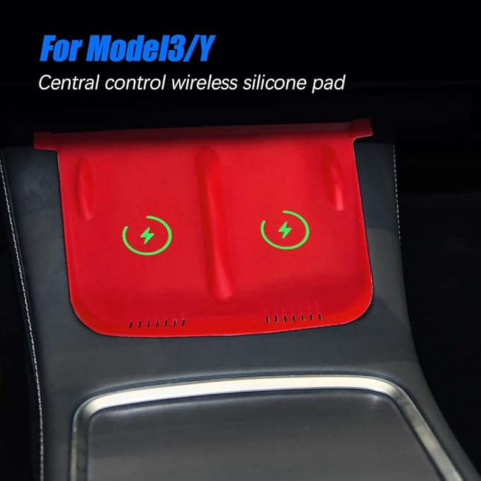 Center Console Wireless Charger Anti-Slip Silicone Mat, Waterproof Phone Pad for Wireless Charging, Car Interior Accessories Universal for Model 3 Model Y 2021-2024 (Luminous, Red)