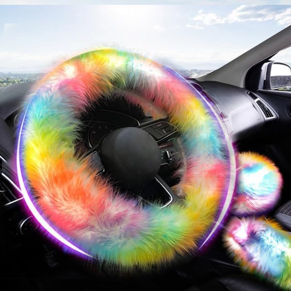 15inches Universal Leather Car Steering Wheel Cover Car Accessories Colorful Fuzzy Steering Covers Gear Shift Cover Handbrake Cover (Colourful)