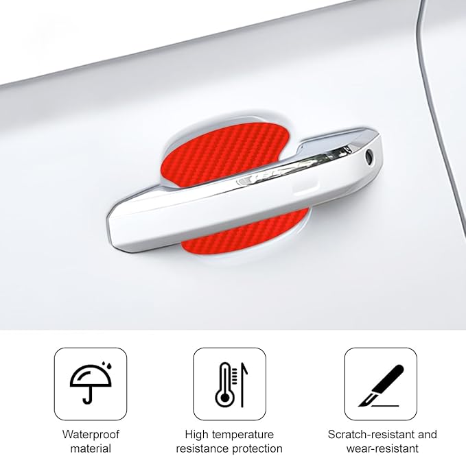 Car Door Handle Cup Scratch Protector, 4PCS 3D Carbon Fiber Vehicle Handle Bowl Sticker, Automotive Exterior Door Cup Protection Decal, Universal for SUV Caravan Automobile (Red)