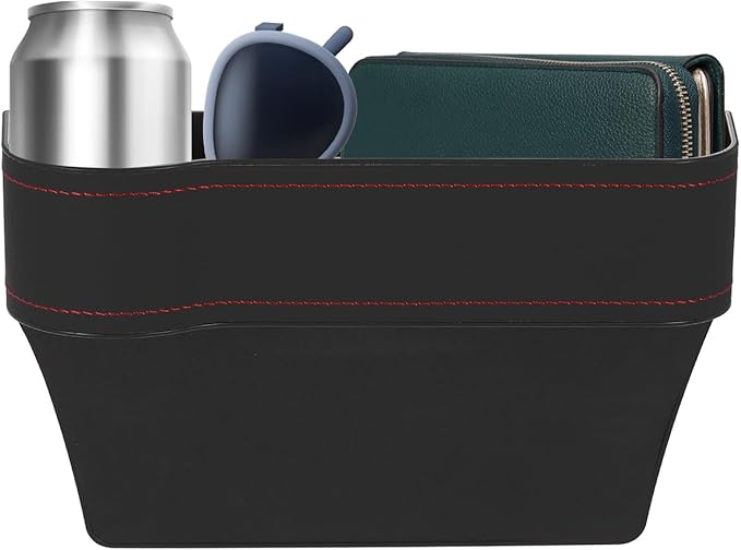 HARFINGTON Car Seat Gap Filler Organizer 10.2 x 6.5 x 3.1 Inch ABS+Leather Universal Car Organizer Storage Box Between Seat and Console (Left) with Cup Holders for Phone Keys, Black