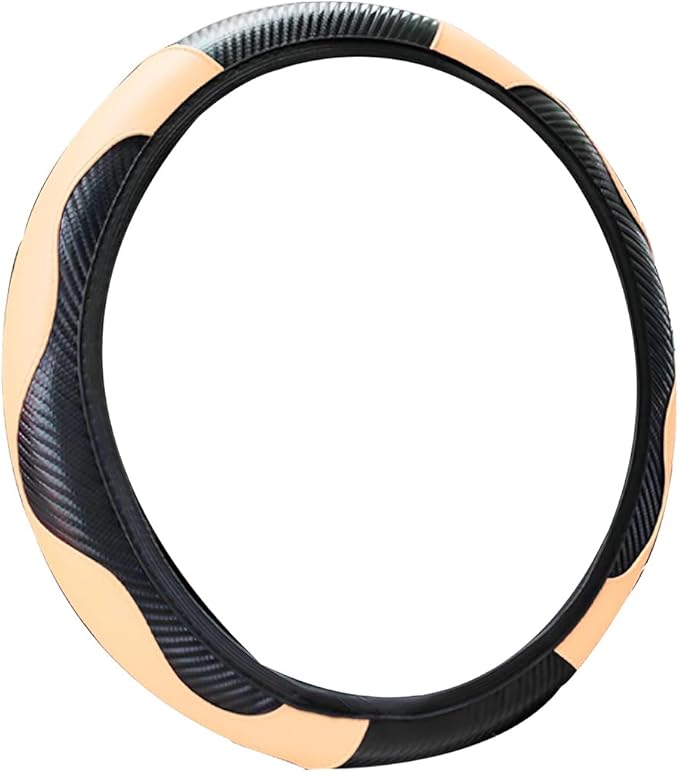 Car Steering Wheel Cover, Universal Microfiber PU Leather Elastic 15 inch Stitching Color Anti-Slip Steering Wheel Protector, Car Interior Accessories for Men Women (Black/Beige)