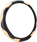 Car Steering Wheel Cover, 15 Inch PU Leather Carbon Fiber Elastic Stretch Without Inner Ring, Breathable Anti-Slip Auto Steering Wheel Protector for Women Men, Universal for Most Cars (Beige)