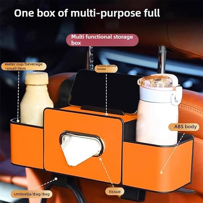 NOSBING Car Organizer And Storage Box, Back Seat Car Organizer, 5 in 1 Multifunctional Car Back Seat Storage Box with Drink Cup Holder Tissue Box, for Hold Phone,Snacks, Drinks, Handbag (Black-A)