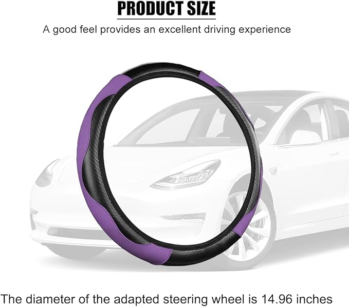 Carbon Fiber Car Steering Wheel Cover, 14.5-15 Inch Elastic Stretch Steering Wheel Guard, Sports Style Non-Slip Automotive Interior Accessories, Universal for Vehicles (Black/Purple)