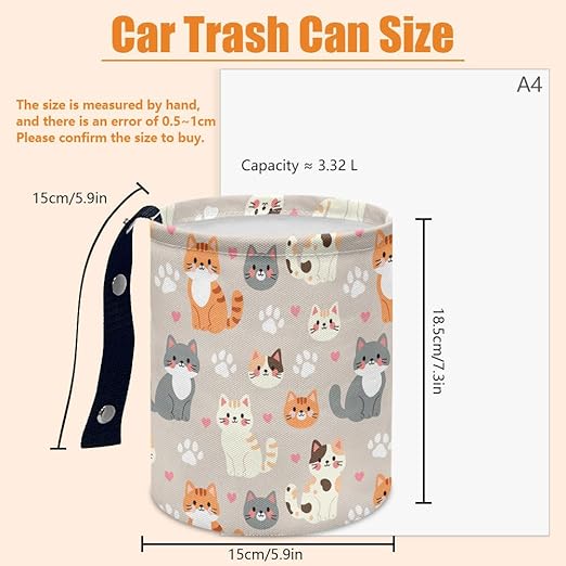 Cute Cats Car Trash Can Kitten Paws Waterproof Garbage Can Car-Seat Back Hanging Trash Bag Portable Camping Waste Bin Storage Bag Collapsible Rubbish Container for Car (5.9" W,7.2" H)