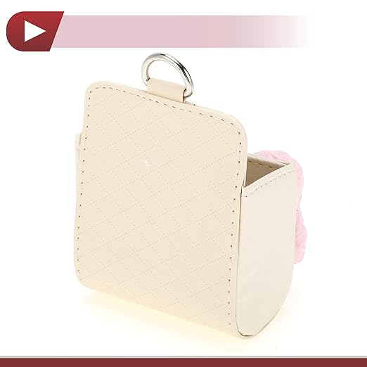 1 Pcs Car Trash Can Hanging Trash Bin 3.5" Length 2.0" Width 4.3" Height Pink Beige Faux Leather