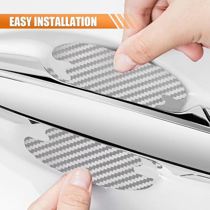 4PCS Car Door Handle Cup Scratch Protector, 3D Carbon Fiber Door Bowl Sticker, Car Paint Protective Film, Universal Automotive Doors Handle Guard Pad for Most Cars (Silver)