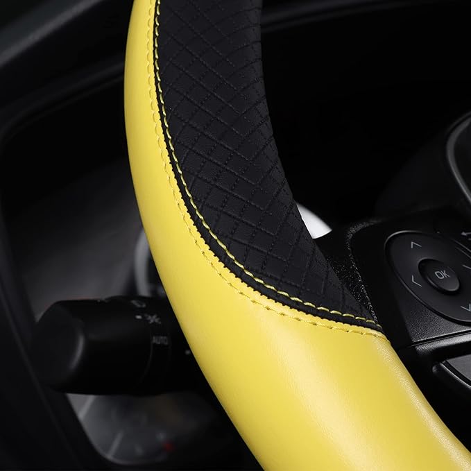 Auto Car Genuine Leather Steering Wheel Cover Anti Slip Wrap 15" (Yellow)