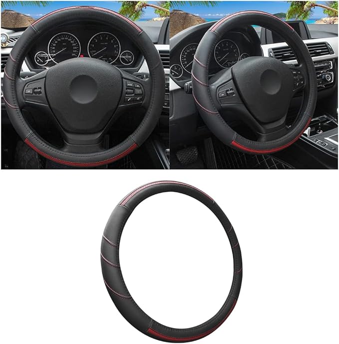 Car Steering Wheel Cover, Genuine Leather Non Slip Vehicle Steering Wheel Protector, Breathable & Soft Auto Interior Protection Accessories, Universal for SUV Sedan Truck (Black/Red)