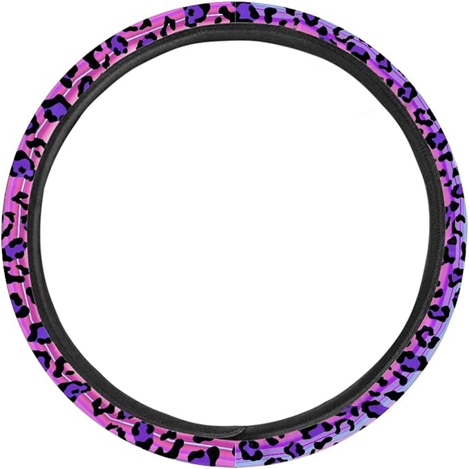 Universal Non-Slip Steering Wheel Cover, 15-inch Polyester Material Driving Accessories, Adjustable for Car and Truck(Pink Purple Gradient Leopard)