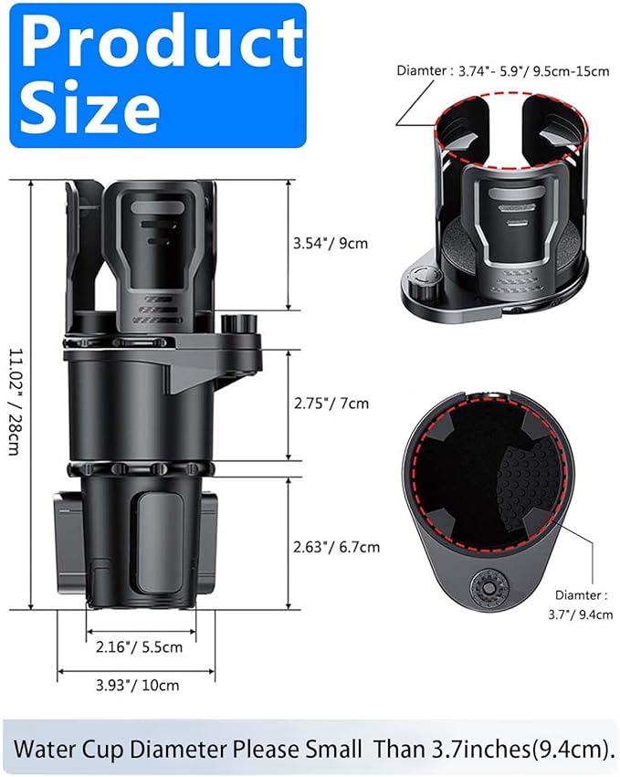 Cup Holder Expander for car 2 in 1 Multifunctional Car Cup Holder Extender Adapter with Adjustable Base Compatible with Hydro Flask,Yeti, Nalgene,32/40 oz Large Bottles Drinks Mugs-Large