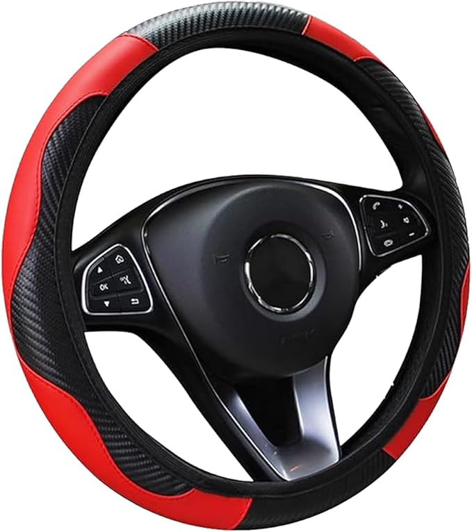 Car Steering Wheel Cover, 15 inch Carbon Fiber Microfiber PU Leather Elastic Steering Wheel Protector for Men Women,Universal Durable Car Decorative Fit for Most Cars, Trucks, SVU (Red)