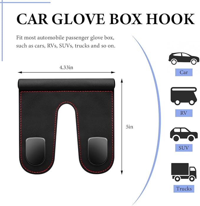 Car Co-Pilot Glovebox Hooks, Anti-Scratch Leather Hanger Auto Glove Box Front Seat Hook, Universal Vehicle Glove Box Organizer Hanger for Hanging Handbag Purse Umbrella (Black, Double Hooks)