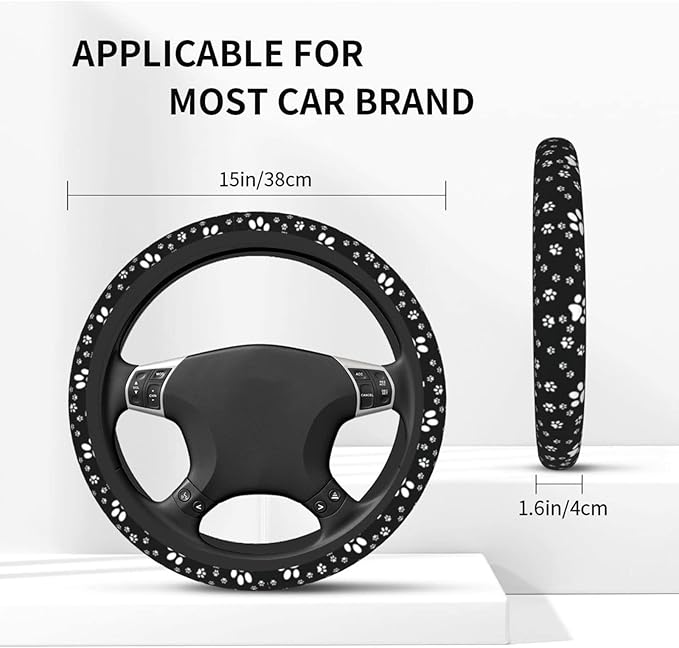Paw Print Steering Wheel Cover for Women Men with 2 Pcs Car Coasters, Universal 14.5-15 Inch Cute Steering Wheel Covers Non-Slip Car Accessories for Girls