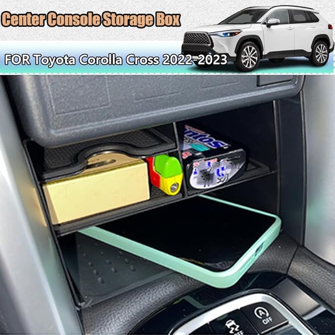 Kakash Custom Interior Accessories for Toyota Corolla Cross 2022 2023 ABS Center Console Tray Organizer,Armrest Storage Box with Black Anti-Dust Mats (1 Pieces)