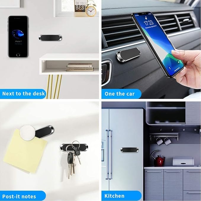 Flat Magnetic Phone Mount 4 Pack. Silver Cell Phone Holder for Car Dashboard, Wall, Truck. Universal Stick on iPad Wall Magnet Mount Kit for Tablets, Smartphones. Compatible with iPad, Tab, Note