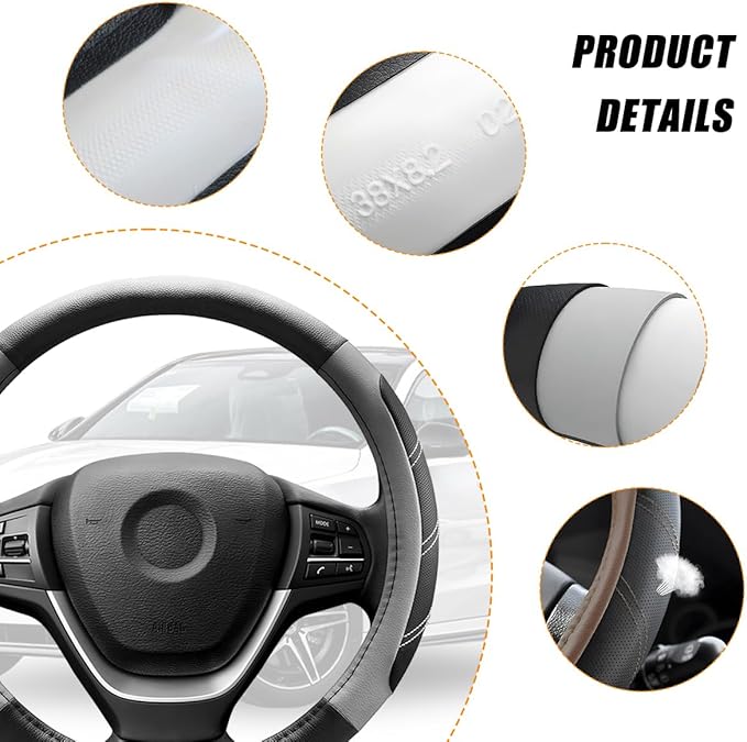 Car Steering Wheel Cover, 15 Inch Carbon Fiber Leather Non-Slip Steering Wheel Protector with Lining, Breathable Automotive Interior Accessories, Universal for SUV RV Truck (Gray)