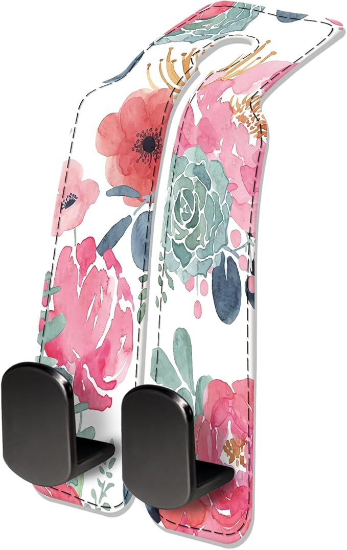 NUGGHU Car Seat Headrest Hook, Universal Leather Cute Hanger Holder Hook, Storage Organizer Interior Accessories for Purse Bags Handbag Cute Pink Flowers
