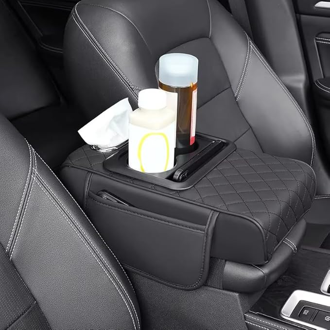 Multifunctional PU Leather Car Armrest Box Mat with Central Elbow, 2026 New Car Armrest Storage Box with Cup Holder, Tissue Box Slot, Phone Slot, Universal Fit (Orange)