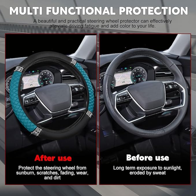 Car Steering Wheel Cover, Steering Wheel Accessories, Breathable Microfiber Leather Auto Wheels Protector, Universal 15 Inch Anti-Slip Protector for SUV Sedan Truck (Bling-Blue)