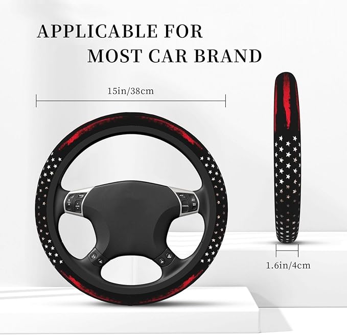 Red Black American Flag Elastic Steering Wheel Cover, Non-Slip Breathable Neoprene Steering Wheel Covers, Men Car Accessories, Universal 15 Inch Fit Auto, Suvs, Truck