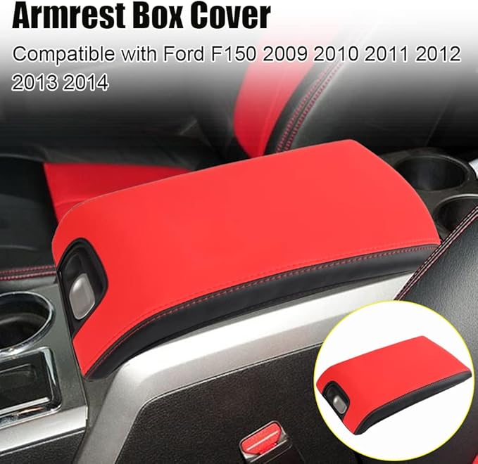 XITER 1PC Leather Center Console Armrest Box Cover Waterproof Cushion Pad for F150 2009-2014 Not Fit Jump Seat Console(Red+Black)
