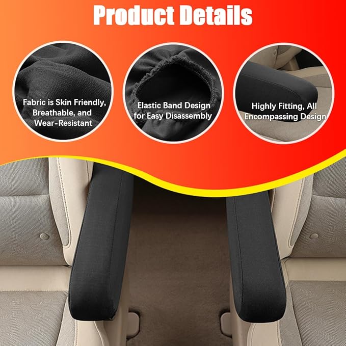 Smeyta 2PC Car Front Seat Armrest Covers,Universal Size Seat Arm Rest Cover,Flat Cloth Fabric Armrest Cover,Car Interior Accessories(Black,1Pair)