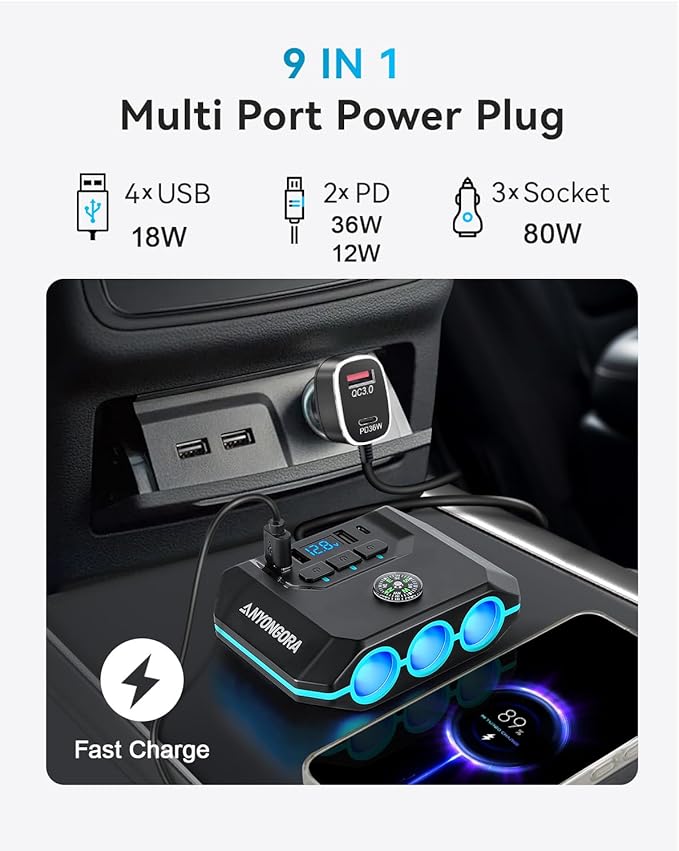 9-in-1 Cigarette Lighter Splitter, 156W Car Charger Adapter with PD 36W & QC 3.0, 3 Sockets with Independent Switches, 6 USB Ports, LED Voltage Display, UL Certified, Includes Spare Fuse