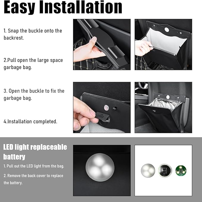 Hanging Car Trash Bag, Foldable Magnetic Garbage Can with Smart LED for Front Back Seat, Multi-Functional Waterproof Leather Rubbish Bag Storage Pocket, Car Accessories (Brown)