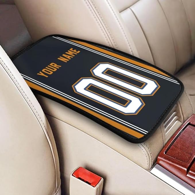 Custom Car Armrest Cover,Add Personalized Name and Number As Gifts for Loyal Football Fans,American Football Auto Center Console Pad Car handrail Box Cushion,Fit for Most Car Seat Box Cover Protector