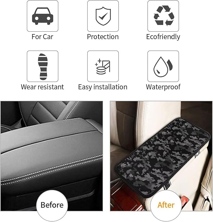 Camouflage Car Center Console Armrest Pads Cover for SUV Sedan Black Camo Army Arm Rest Pad Armrest Protector Auto Decor Accessories Fit for Most Cars Sedans Vans Truck Vehicles, SUVs