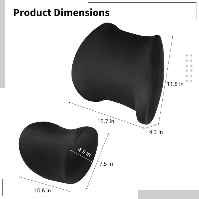 Car Seat Cushion Set, Memory Foam Headrest And Lumbar Support With Detachable Zipper Cover, Black