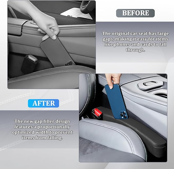 2PCS Car Seat Gap Filler, Leather Vehicle Seat Crevice Blocker Stopper to Prevent Things from Dropping, No-Drop Automotive Interior Console Catcher Plug, Universal for Vehicles (Black)