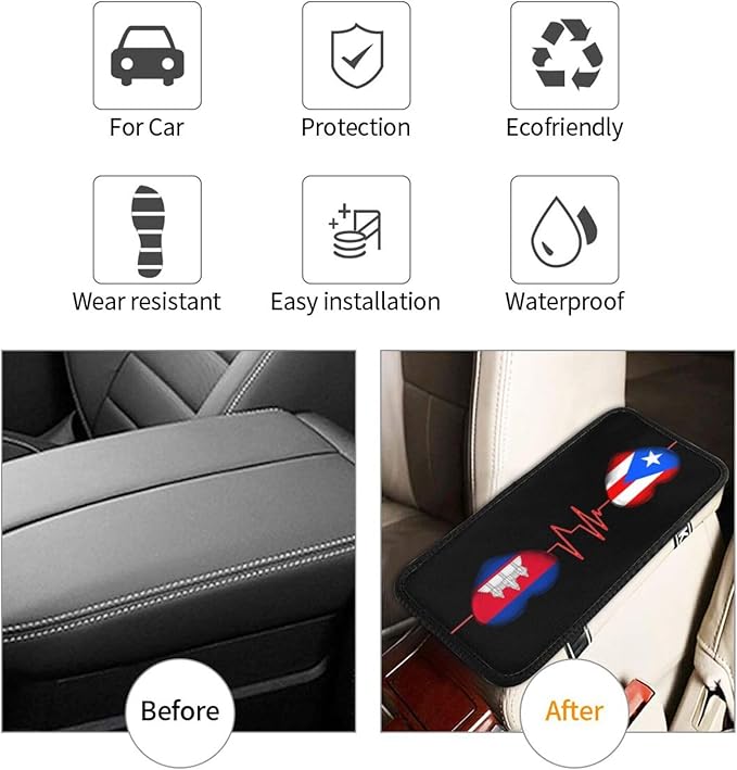 Auto Center Console Pad Puerto Rico Porto Rico Puerto Rican and Cambodian Flag Be of one Mind Car Armrest Cover Armrest Seat Handrail Box Cover Cushion Universal Decoration Protector Accessories