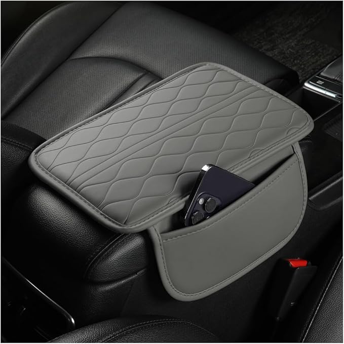 Car Center Console Cover, Leather Vehicle Armrest Seat Box Pad Cushion with 2 Storage Bags, Automotive Interior Arm Rest Protector Accessories, Universal for SUV, Sedan, Truck (Gray)